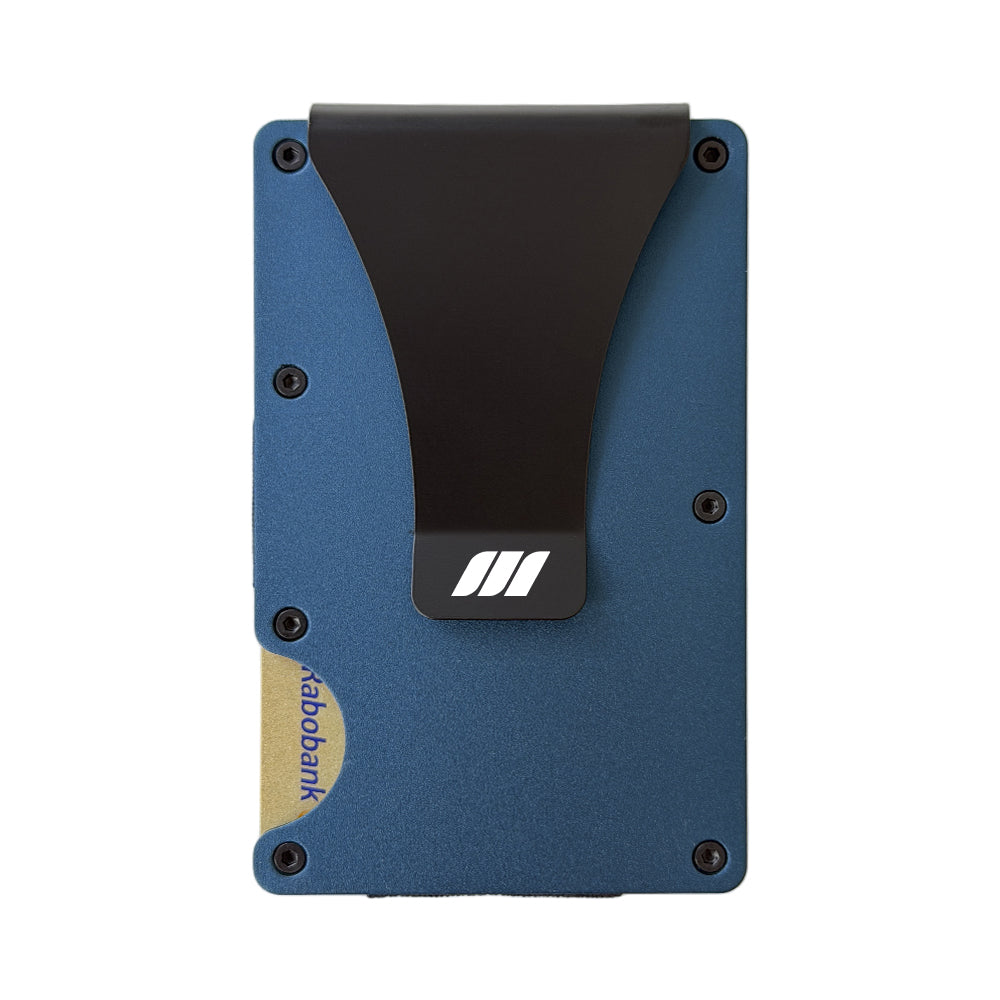 Slanke RFID portemonnee blauw, pasjes uitgeschoven