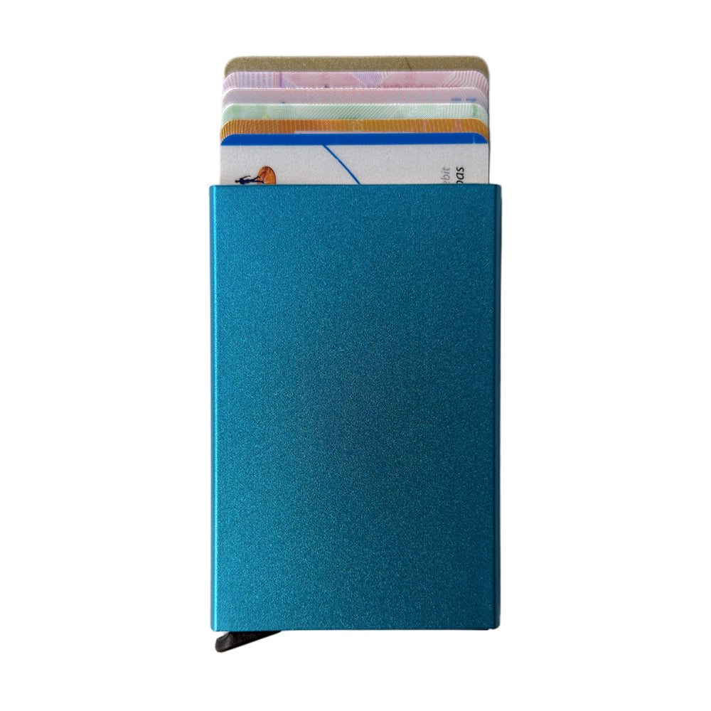 Pop-up pasjeshouder blauw met pasjes omhoog